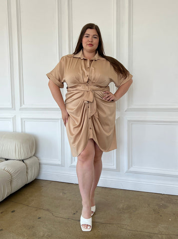 Plus Size Satin Ruched Button Up Dress