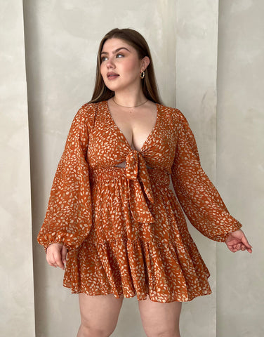 Plus Size Long Sleeve Tie Front Printed Dress