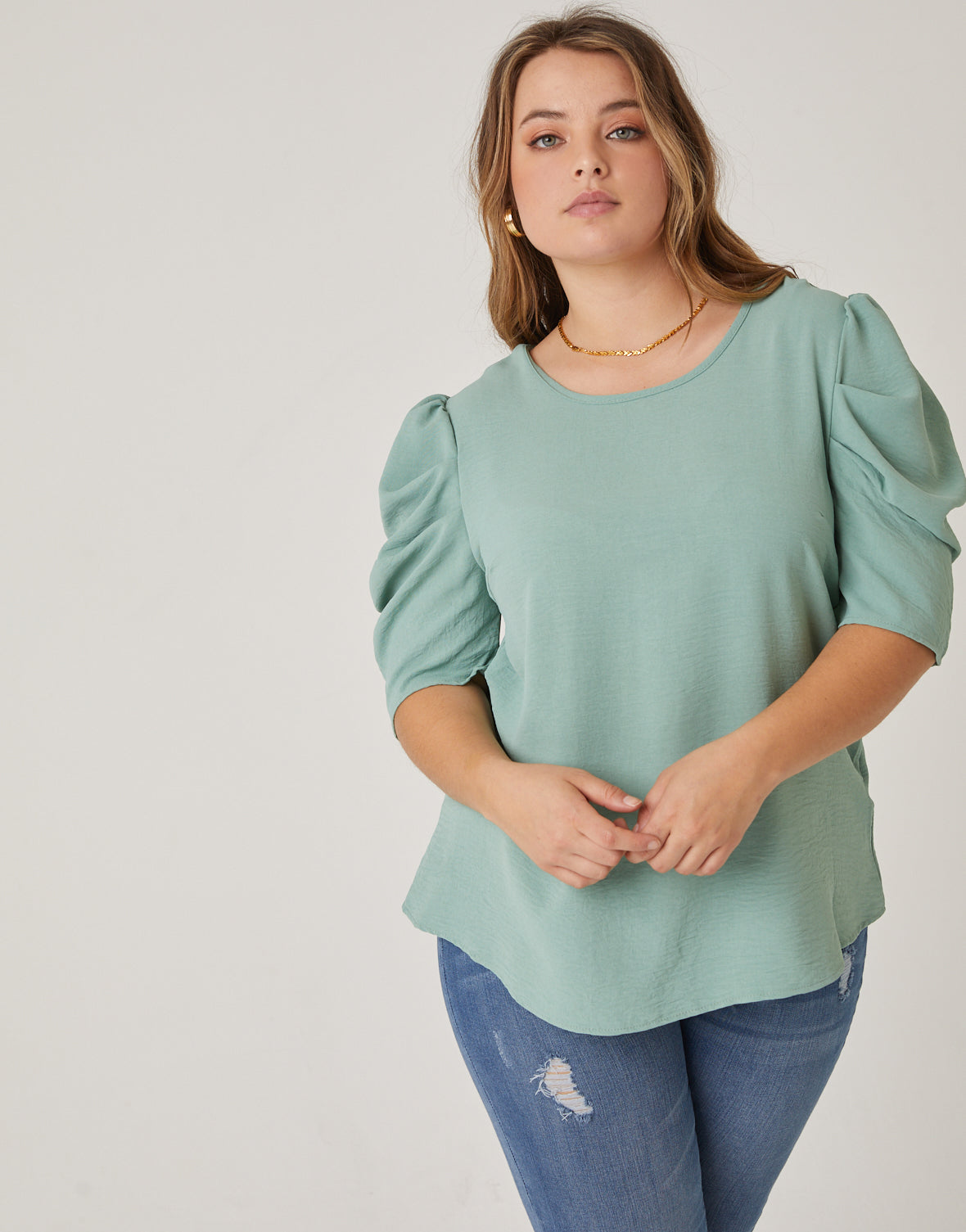 Plus Size Puff Sleeve Woven Blouse