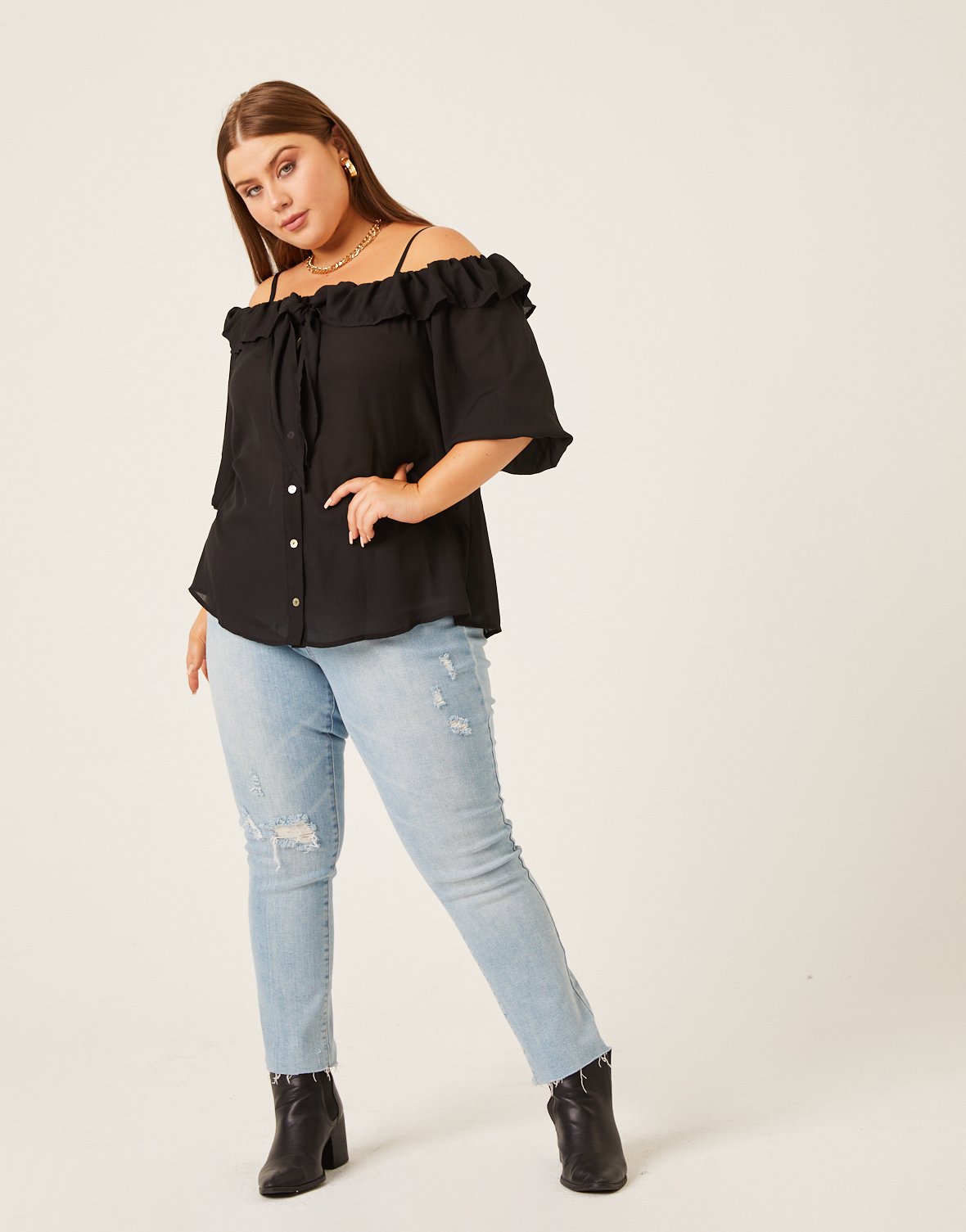 Plus Size Ruffled Cold Shoulder Top