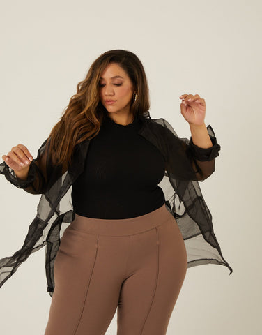 Plus Size Sheer Belted Cardigan