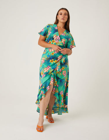 Plus Size Tropical Cascading Wrap Dress