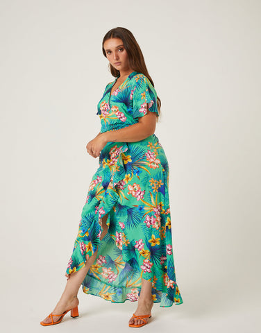 Plus Size Tropical Cascading Wrap Dress