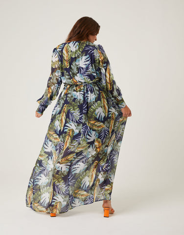Plus Size Tropical Leaves Maxi Dress