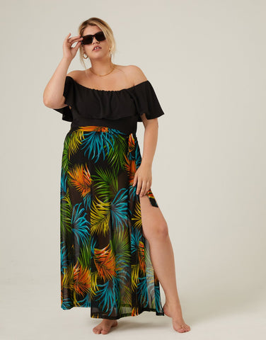 Plus Size Tropical Print Tie Skirt