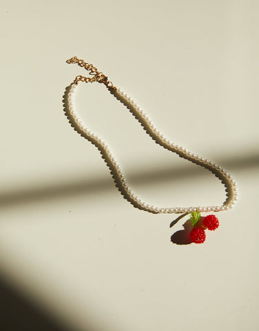 Faux Pearl and Cherry Necklace