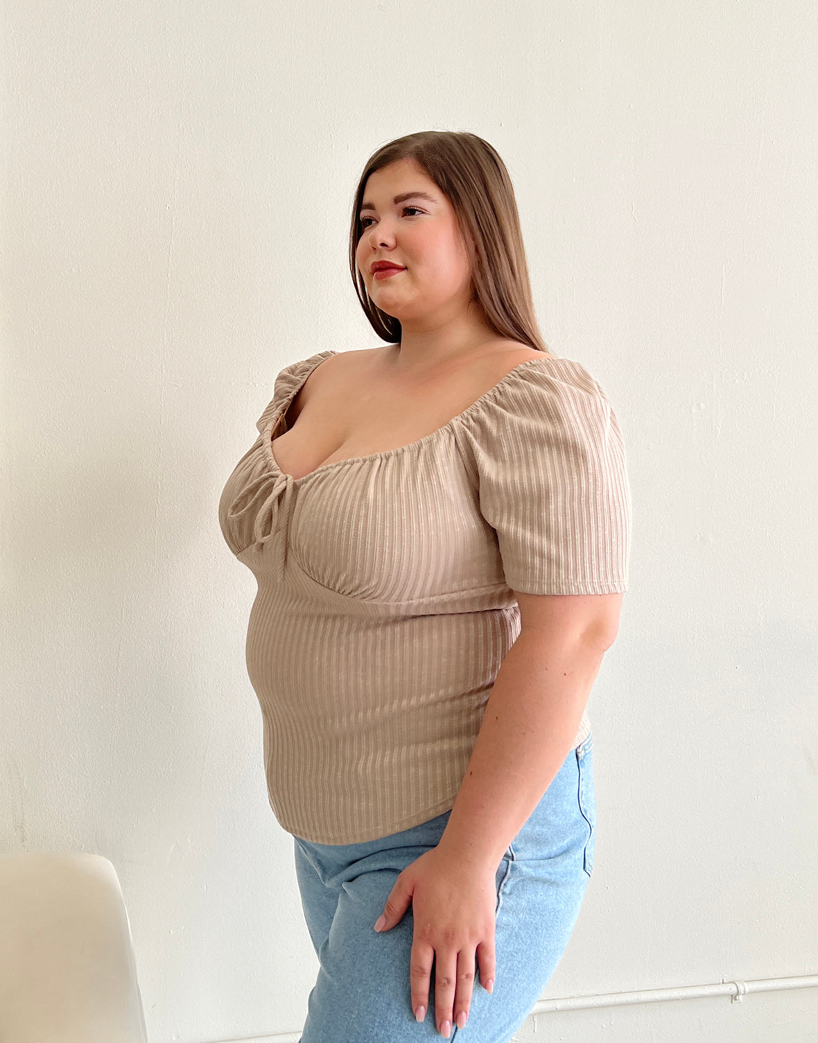 Plus Size Ruched Ribbed Tie Top