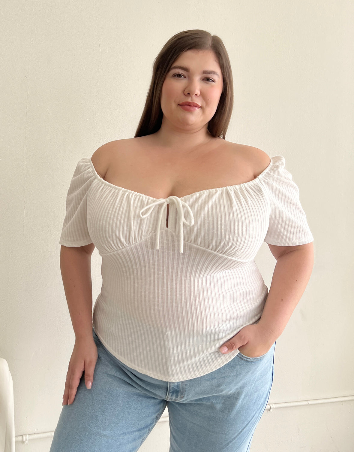 Plus Size Ruched Ribbed Tie Top
